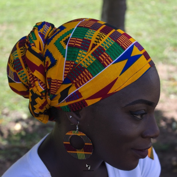 ExploreAfrica.com Accessories - Orange Blue and Red African Kente Headwrap